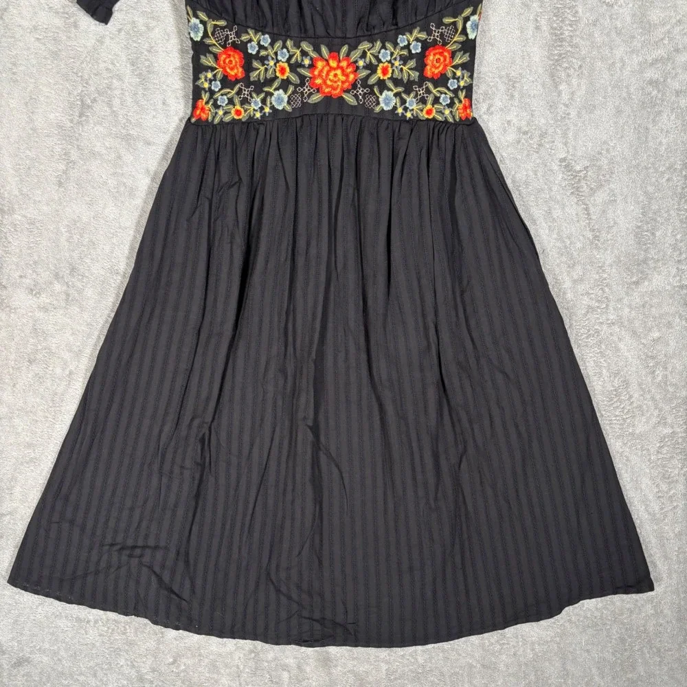 ROOLEE Black Floral Embroidered Cotton Button Front Midi Dress XXS NWT Cottage - Picture 8 of 14